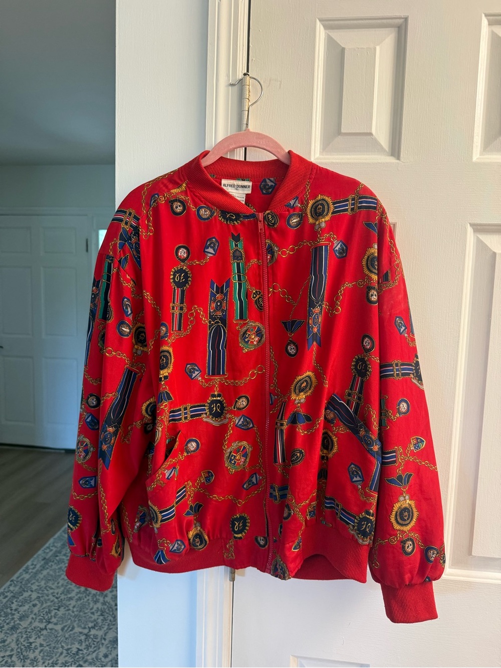 Alfred Dunner Red Bomber Jacket with Navy & Gold Chain Print